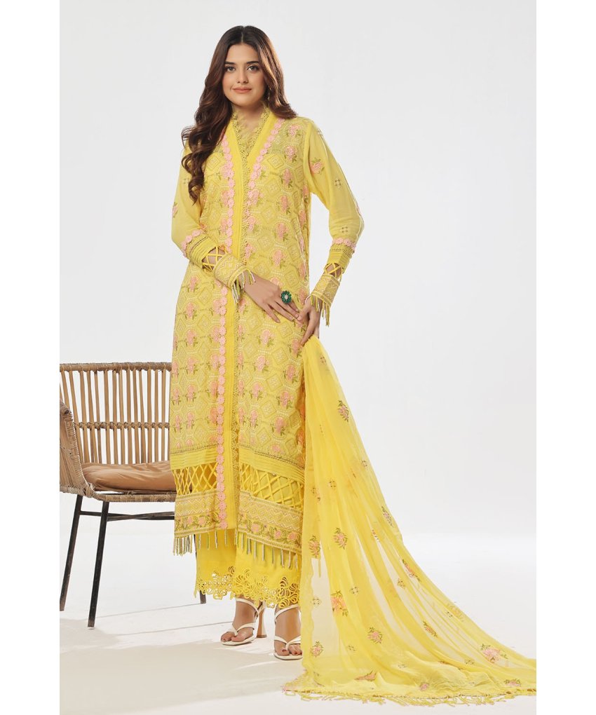 3 Piece Unstitched Embroidered Swiss Voile Suit with Embroidered Chiffon Dupatta – LSV-52010 | Mahru.pk