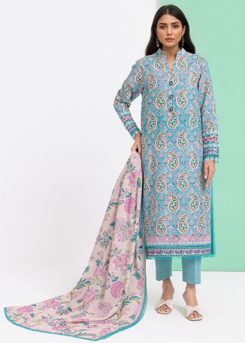 Jade Elvy – 3 Piece Unstitched Embroidered Light Khaddar Suit with Digital Printed Dupatta