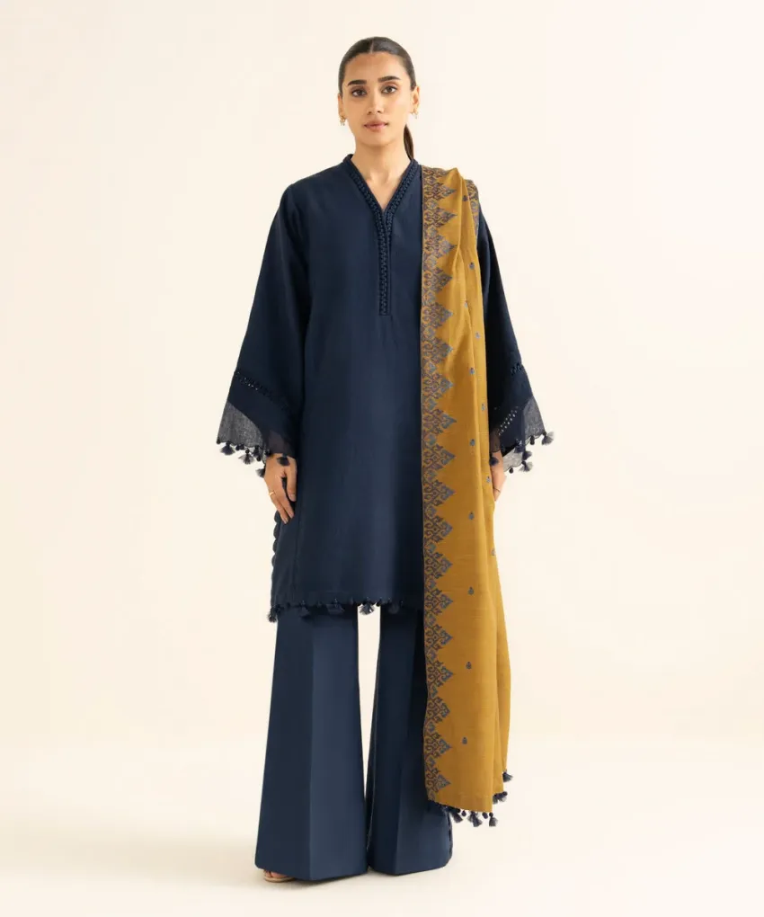 Sapphire 3 Piece – Embroidered Cotton Jacquard Suit for Women | Elegant Festive Wear