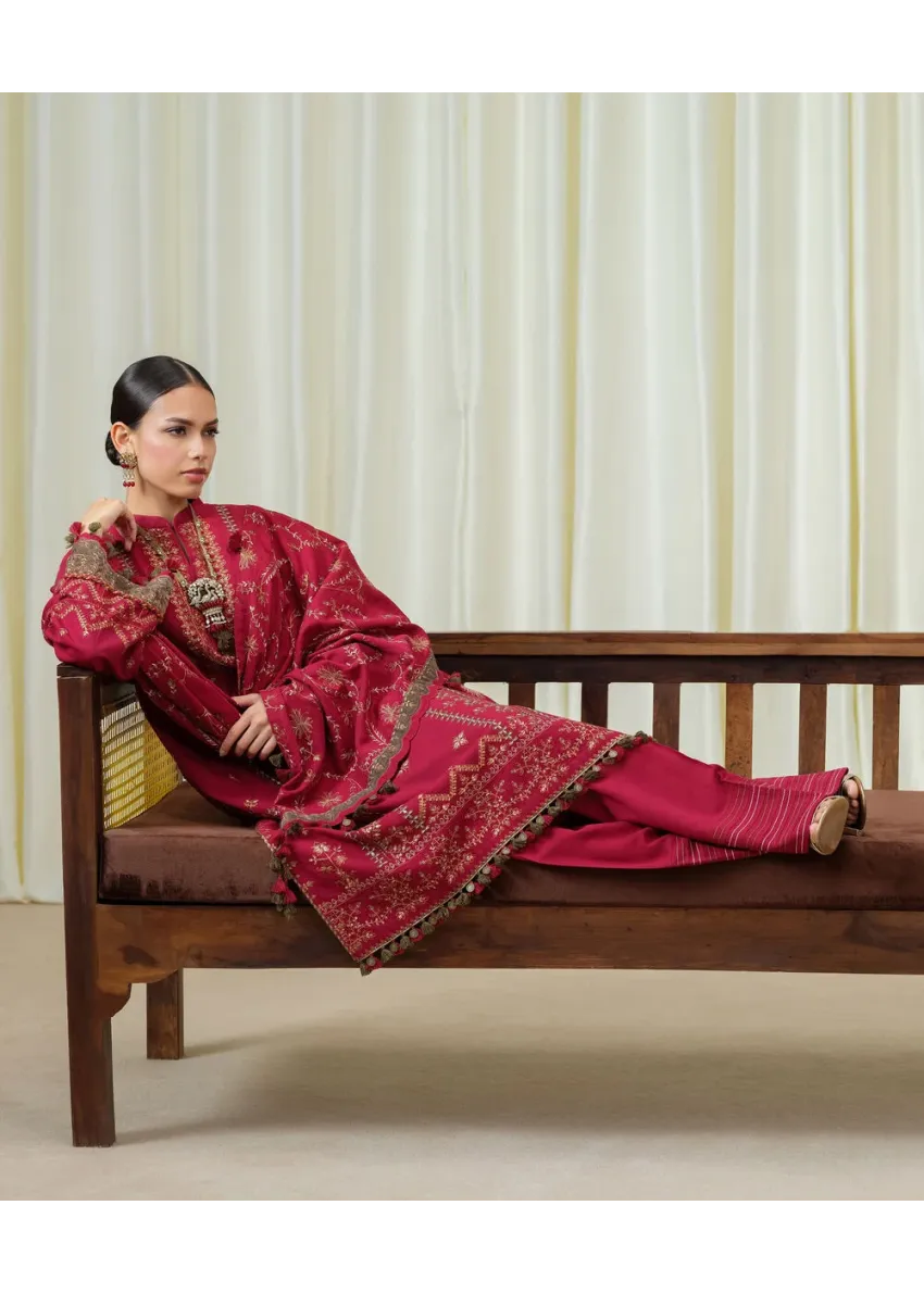 Unstitched 3-Piece Red Cotton Karandi Embroidered Dress | Mahru Winter Collection