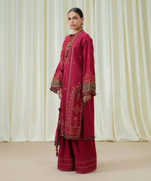 Unstitched 3-Piece Red Cotton Karandi Embroidered Dress | Mahru Winter Collection