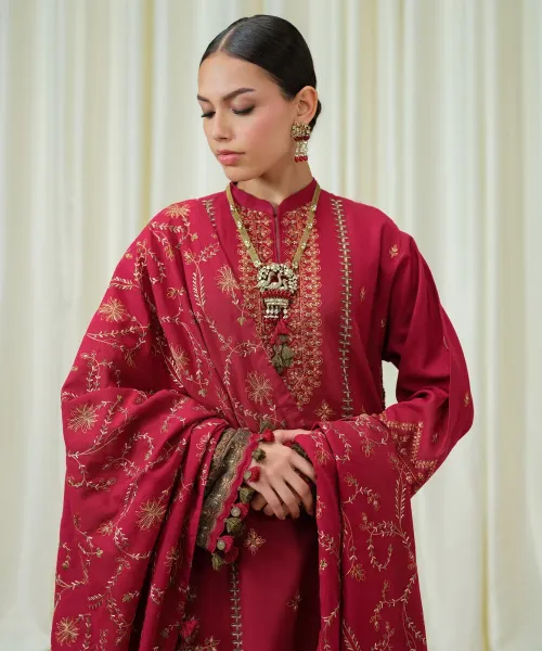 Unstitched 3-Piece Red Cotton Karandi Embroidered Dress | Mahru Winter Collection