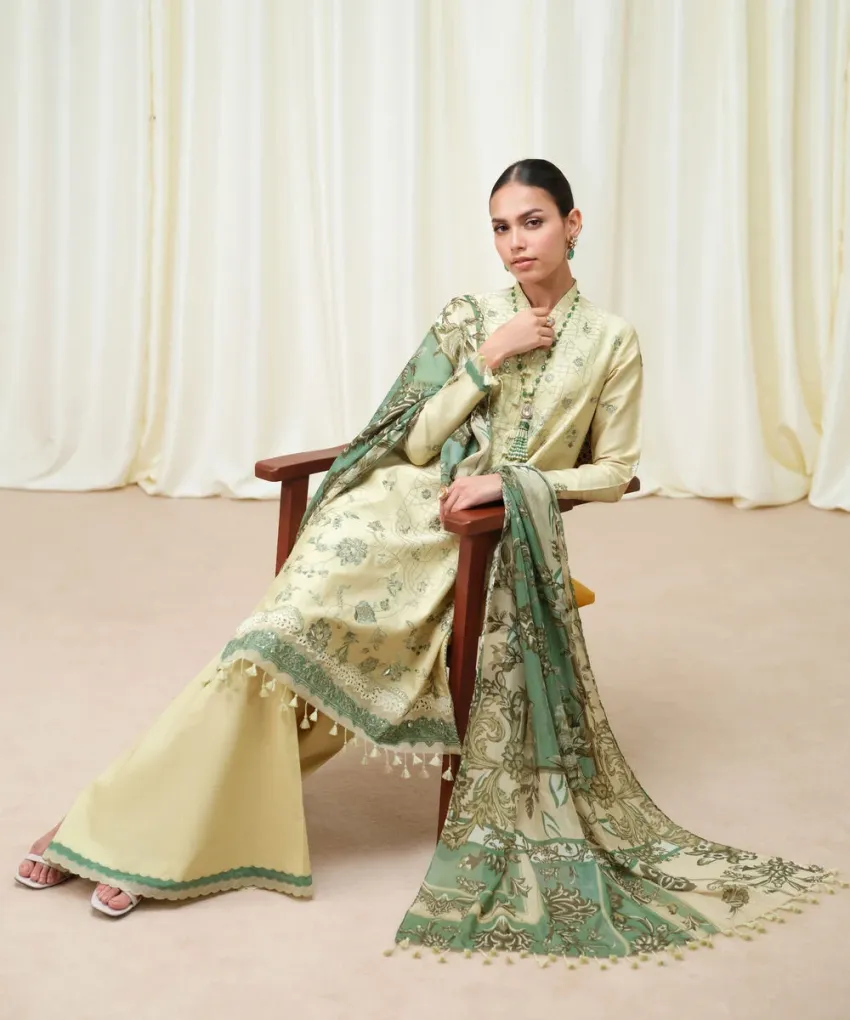 Unstitched 3-Piece Off White Fine Cotton Satin – Embroidered Shirt, Printed Dupatta &amp; Dyed Trouser | Mahru