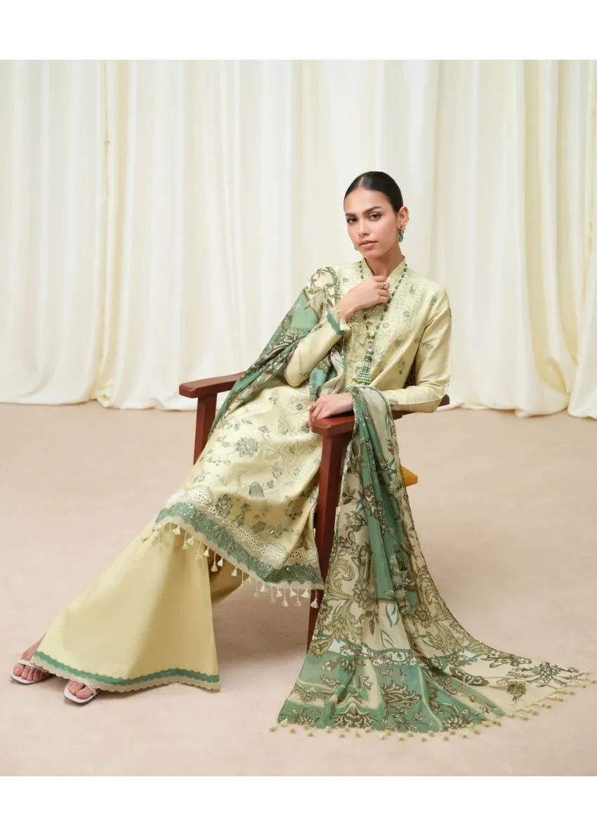 Unstitched 3-Piece Off White Fine Cotton Satin – Embroidered Shirt, Printed Dupatta &amp; Dyed Trouser | Mahru