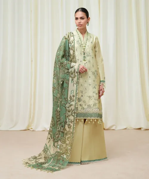 Unstitched 3-Piece Off White Fine Cotton Satin – Embroidered Shirt, Printed Dupatta &amp; Dyed Trouser | Mahru