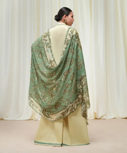 Unstitched 3-Piece Off White Fine Cotton Satin – Embroidered Shirt, Printed Dupatta &amp; Dyed Trouser | Mahru