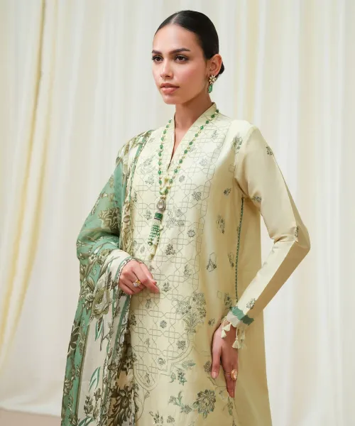 Unstitched 3-Piece Off White Fine Cotton Satin – Embroidered Shirt, Printed Dupatta &amp; Dyed Trouser | Mahru