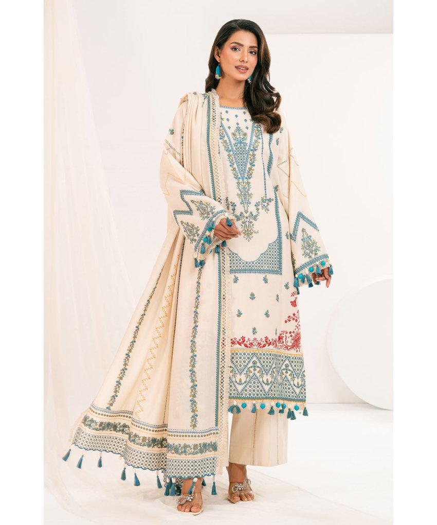 “Unstitched Pashmina Suit with Embroidered Shawl &amp; Pallu – Mahru Winter Collection”