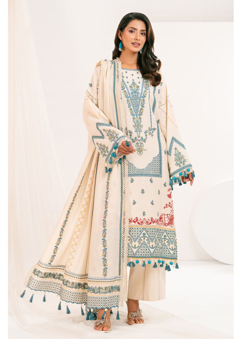 Luxury 3 Piece Unstitched Embroidered Pashmina Suit with Embroidered Shawl &amp; Pallu – AP-52006 | Mahru.pk