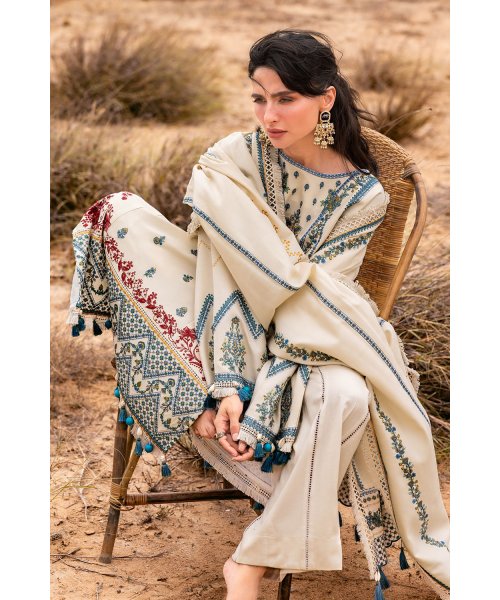 Luxury 3 Piece Unstitched Embroidered Pashmina Suit with Embroidered Shawl &amp; Pallu – AP-52006 | Mahru.pk